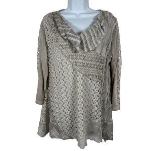 Ali Miles Medium Top Blouse Lagenlook Womens Beige Boho 3/4 Sleeve‎ Lace